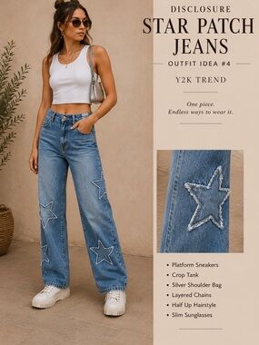 Disclosure Star Patch Wide Leg Jeans - Blue
